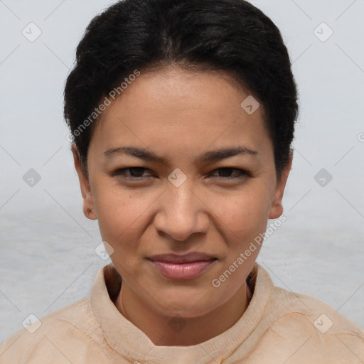 Joyful latino young-adult female with short  brown hair and brown eyes