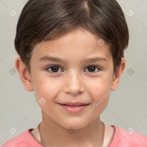 Joyful white child female with short  brown hair and brown eyes