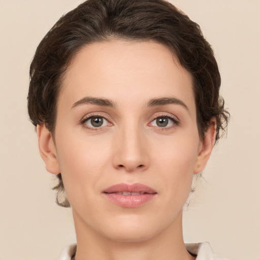 Neutral white young-adult female with short  brown hair and brown eyes