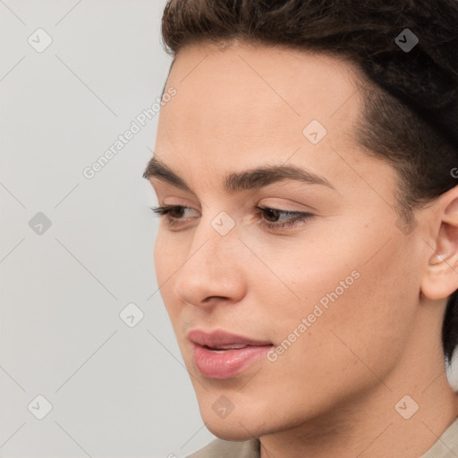 Neutral white young-adult female with short  brown hair and brown eyes