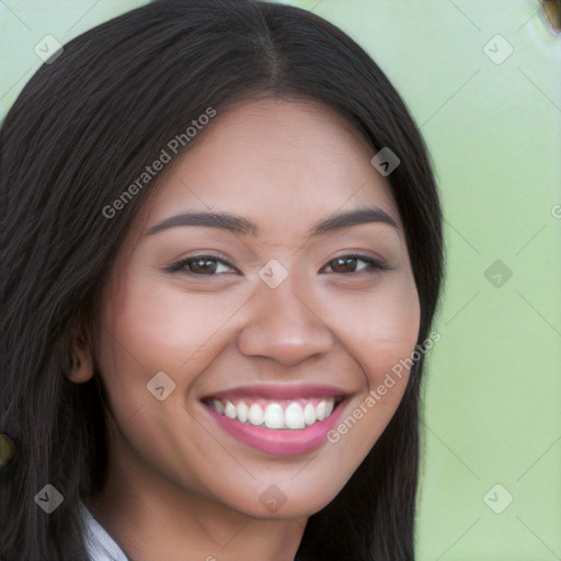 Joyful white young-adult female with long  brown hair and brown eyes