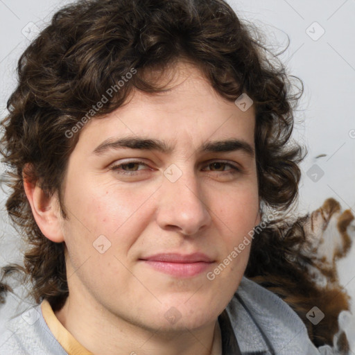 Joyful white young-adult male with medium  brown hair and brown eyes