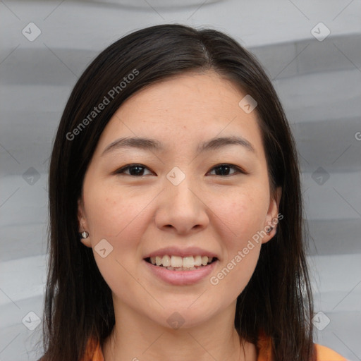 Joyful white young-adult female with long  brown hair and brown eyes