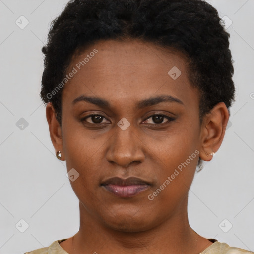 Neutral black young-adult female with short  black hair and brown eyes