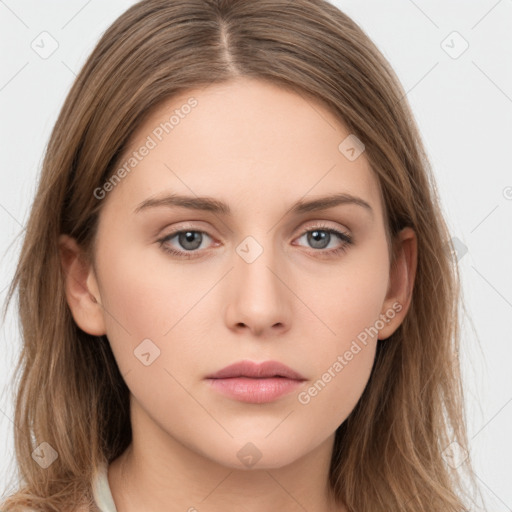 Neutral white young-adult female with long  brown hair and grey eyes