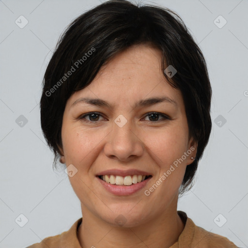 Joyful white young-adult female with medium  brown hair and brown eyes