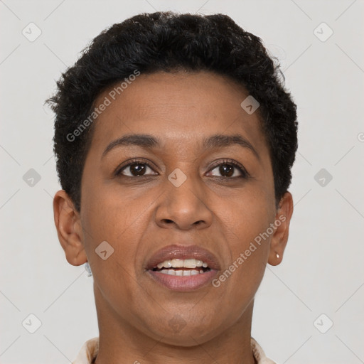 Joyful latino adult female with short  brown hair and brown eyes