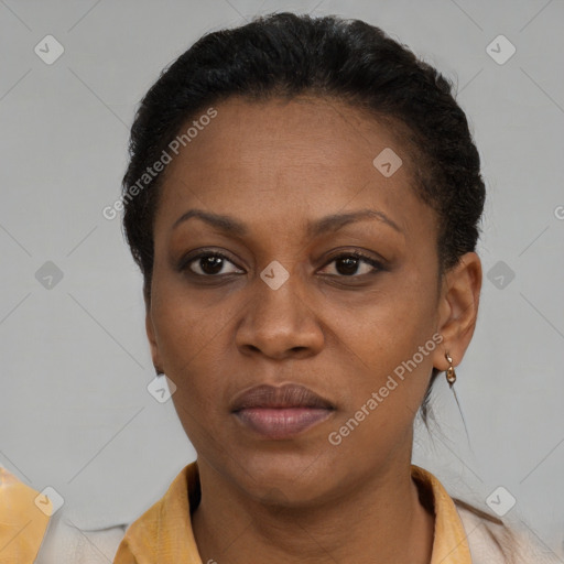 Neutral black adult female with short  black hair and brown eyes