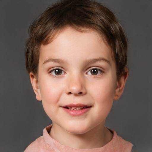 Joyful white child female with short  brown hair and brown eyes