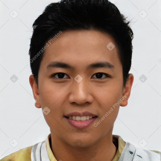 Joyful asian young-adult male with short  black hair and brown eyes