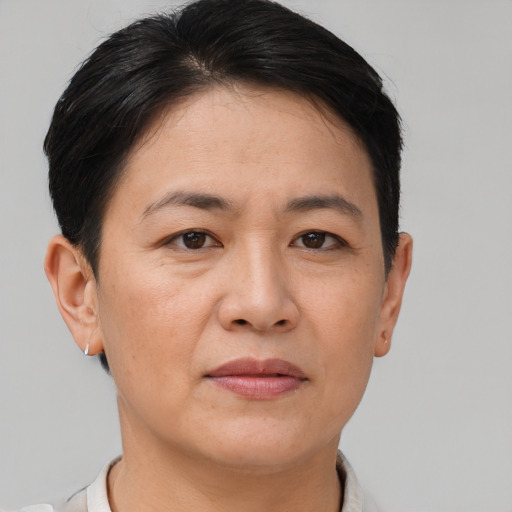 Joyful white adult female with short  brown hair and brown eyes