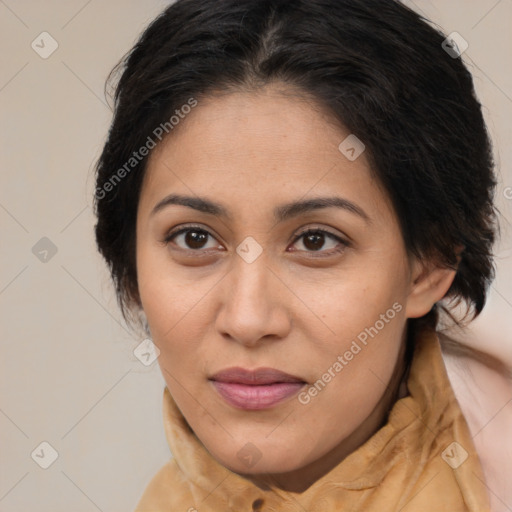 Joyful latino young-adult female with medium  brown hair and brown eyes