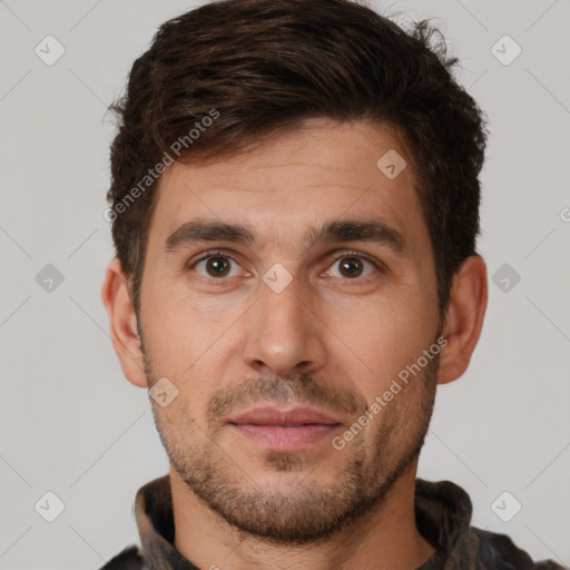 Joyful white young-adult male with short  brown hair and brown eyes