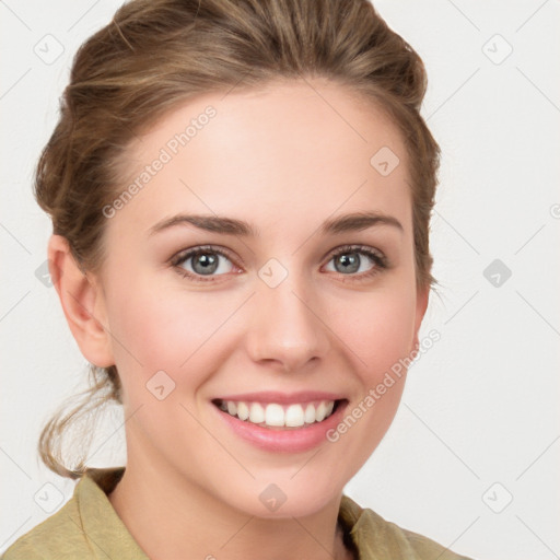 Joyful white young-adult female with medium  brown hair and green eyes