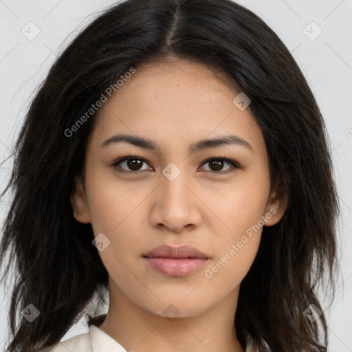 Neutral latino young-adult female with long  brown hair and brown eyes