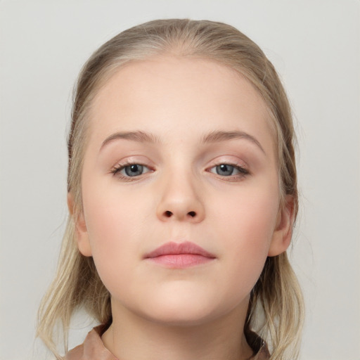 Neutral white child female with medium  brown hair and grey eyes