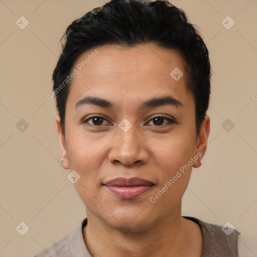 Joyful latino young-adult male with short  black hair and brown eyes