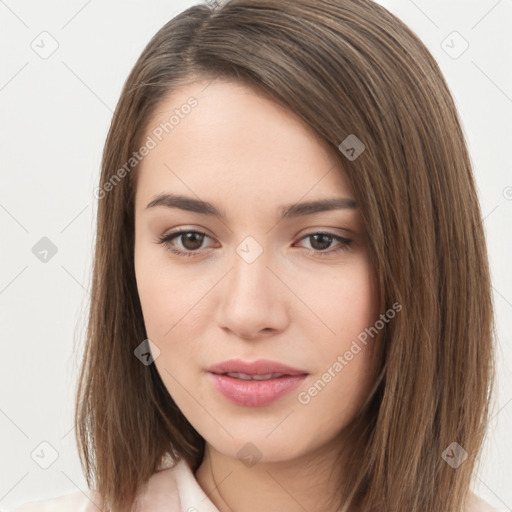 Neutral white young-adult female with long  brown hair and brown eyes