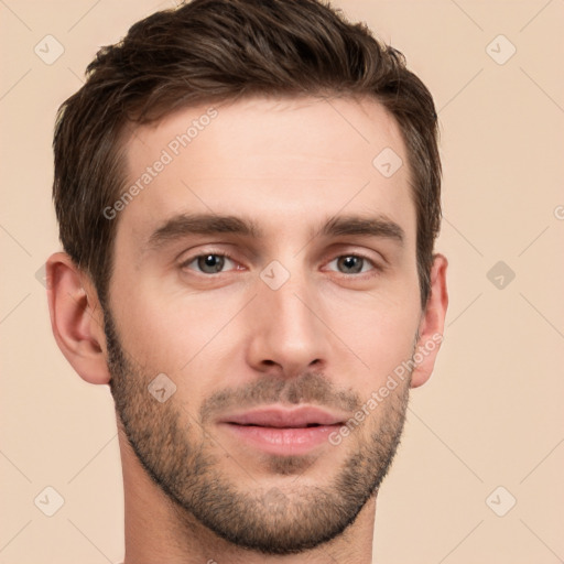 Neutral white young-adult male with short  brown hair and brown eyes