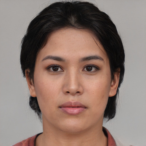 Neutral asian young-adult female with short  black hair and brown eyes