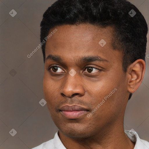 Neutral black young-adult male with short  black hair and brown eyes