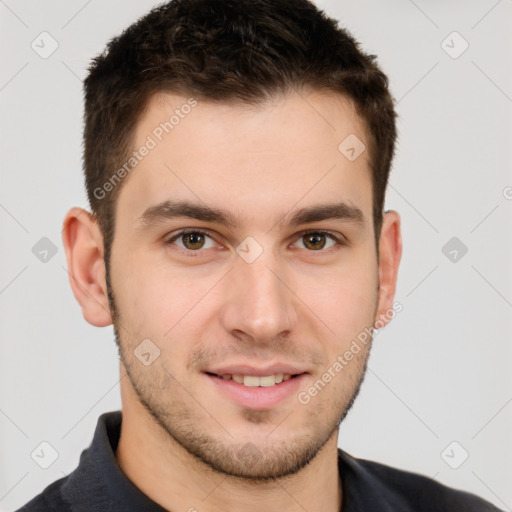 Joyful white young-adult male with short  brown hair and brown eyes