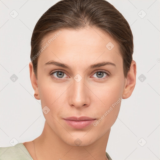 Neutral white young-adult female with short  brown hair and brown eyes