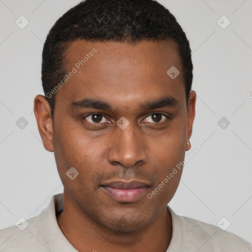 Neutral black young-adult male with short  black hair and brown eyes