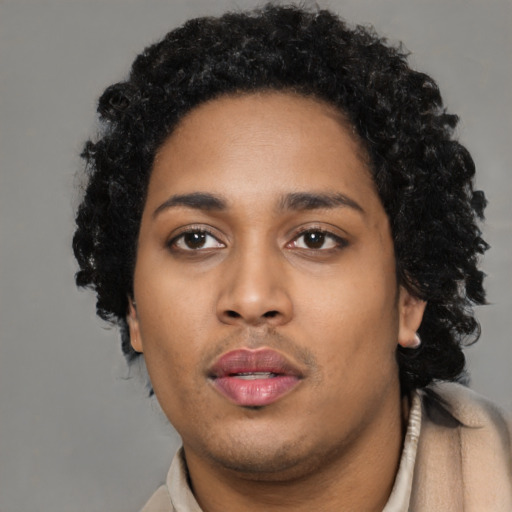 Neutral black young-adult female with short  black hair and brown eyes