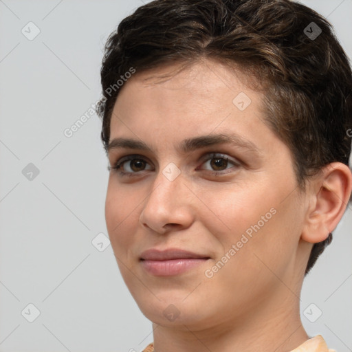 Joyful white young-adult female with short  brown hair and brown eyes