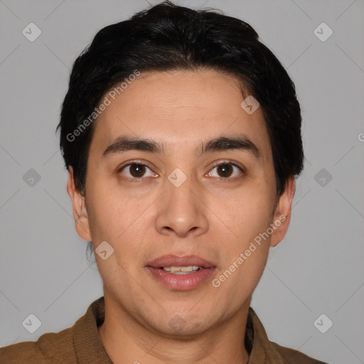 Joyful white young-adult male with short  black hair and brown eyes