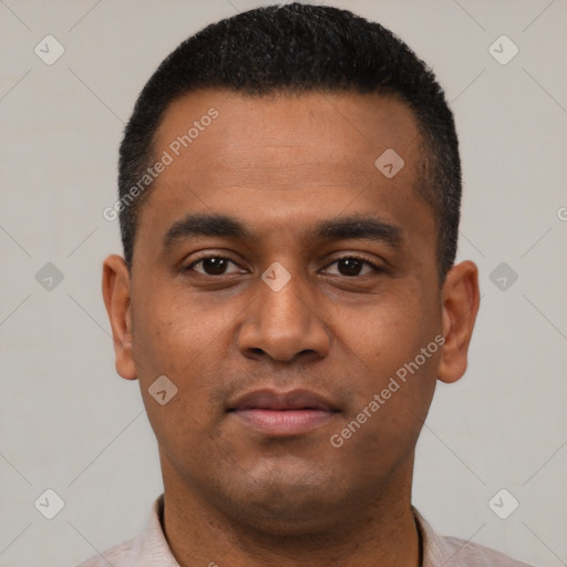 Neutral latino young-adult male with short  black hair and brown eyes