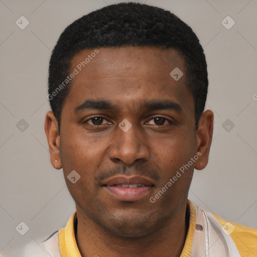 Neutral latino young-adult male with short  black hair and brown eyes