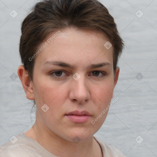 Neutral white young-adult female with short  brown hair and brown eyes