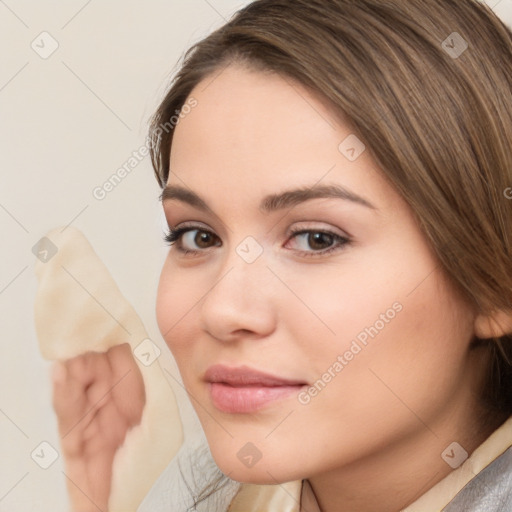 Neutral white young-adult female with medium  brown hair and brown eyes