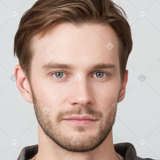 Neutral white young-adult male with short  brown hair and grey eyes