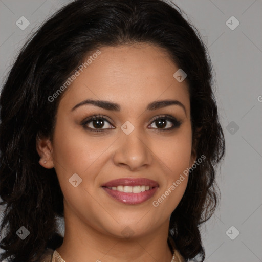 Joyful latino young-adult female with long  brown hair and brown eyes