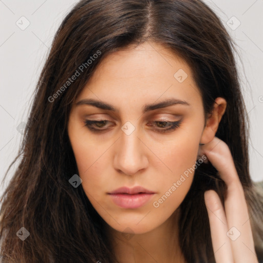 Neutral white young-adult female with long  brown hair and brown eyes