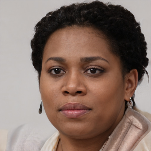 Joyful black young-adult female with short  brown hair and brown eyes