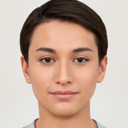 Neutral white young-adult female with short  brown hair and brown eyes