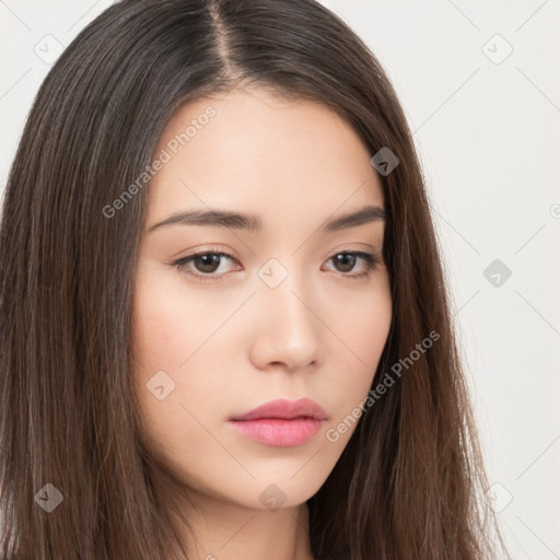 Neutral white young-adult female with long  brown hair and brown eyes