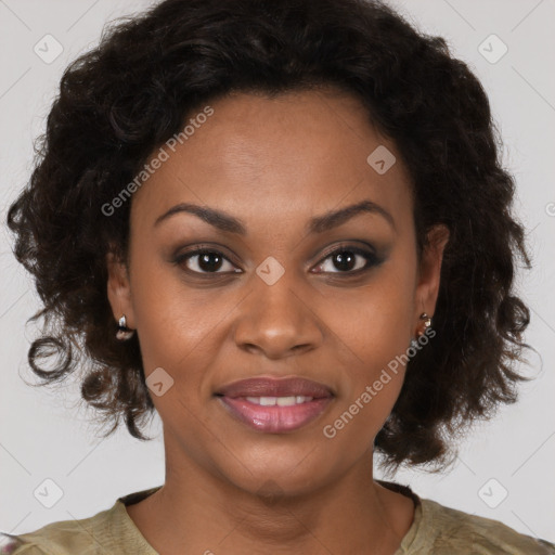 Joyful black young-adult female with medium  brown hair and brown eyes