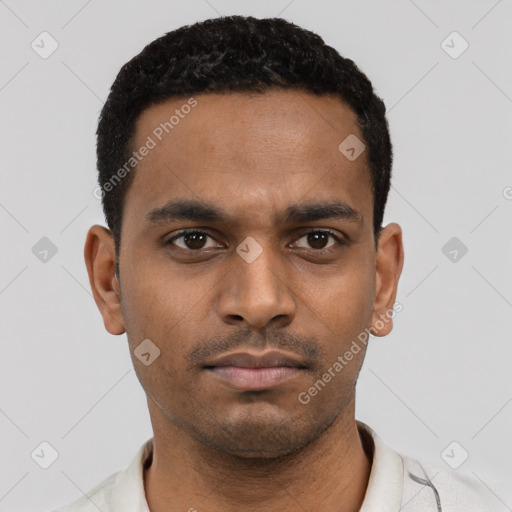 Neutral latino young-adult male with short  black hair and brown eyes