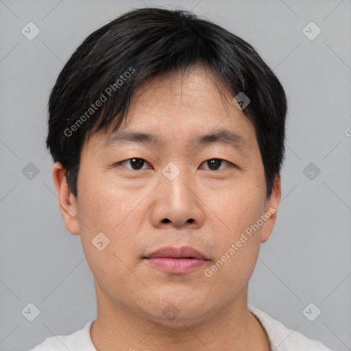 Neutral asian young-adult male with short  black hair and brown eyes