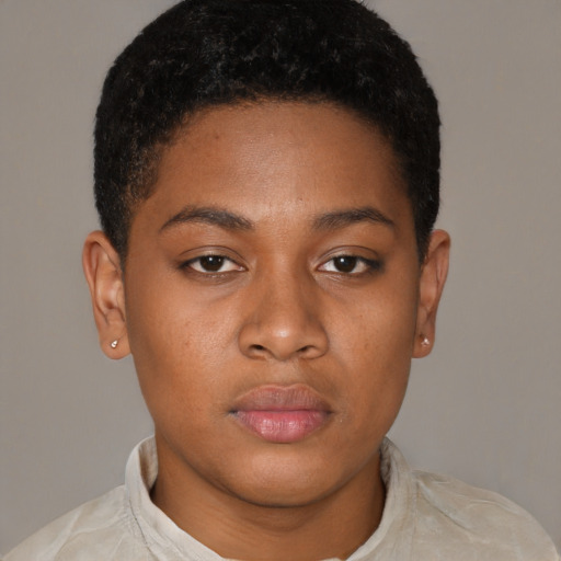 Neutral latino young-adult female with short  brown hair and brown eyes