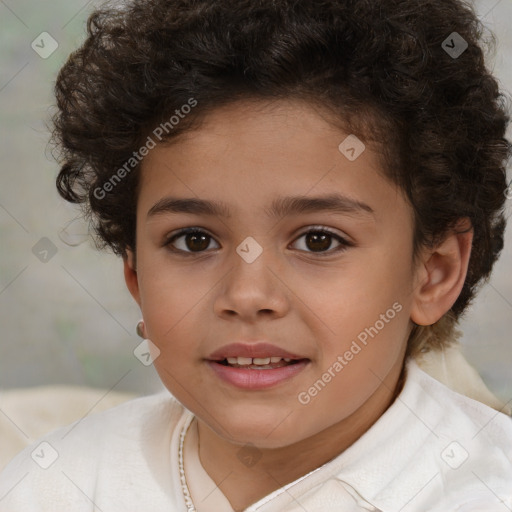 Joyful white child female with short  brown hair and brown eyes