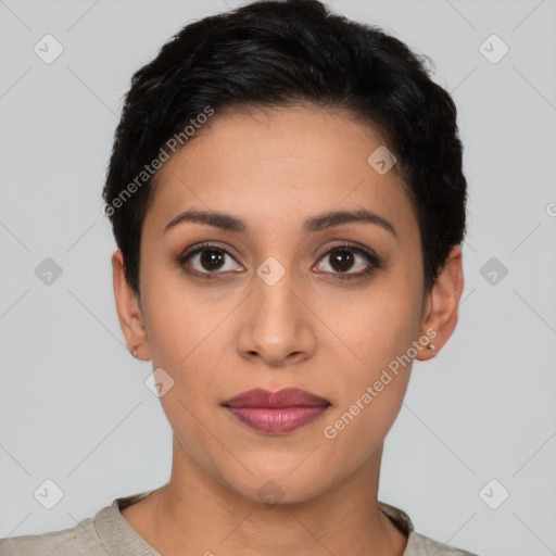 Joyful latino young-adult female with short  black hair and brown eyes