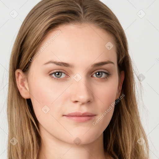 Neutral white young-adult female with long  brown hair and brown eyes