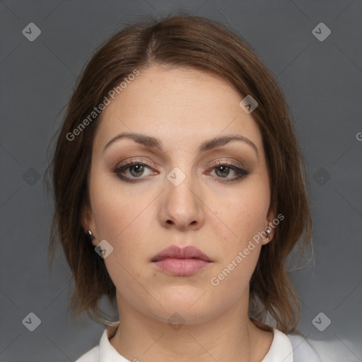 Neutral white young-adult female with medium  brown hair and brown eyes