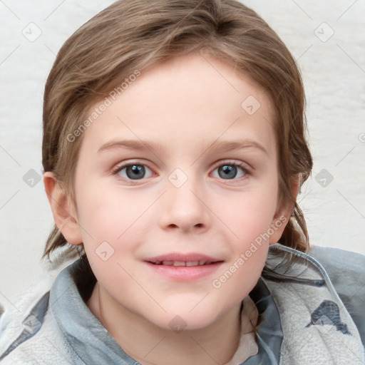 Joyful white child female with medium  brown hair and blue eyes